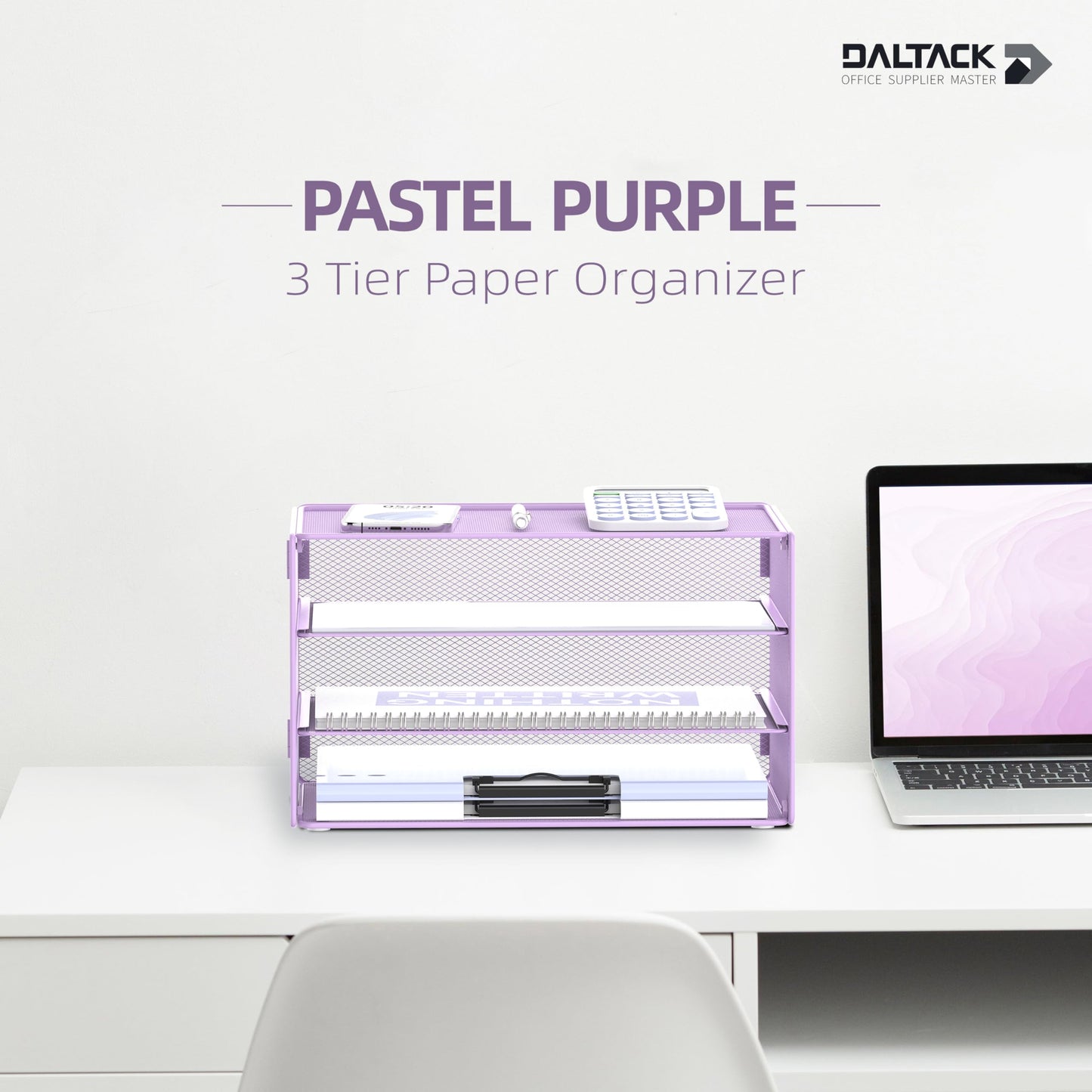 DALTACK 3 Tier Letter Tray Paper Organizer with Sliding Mesh Trays Purple