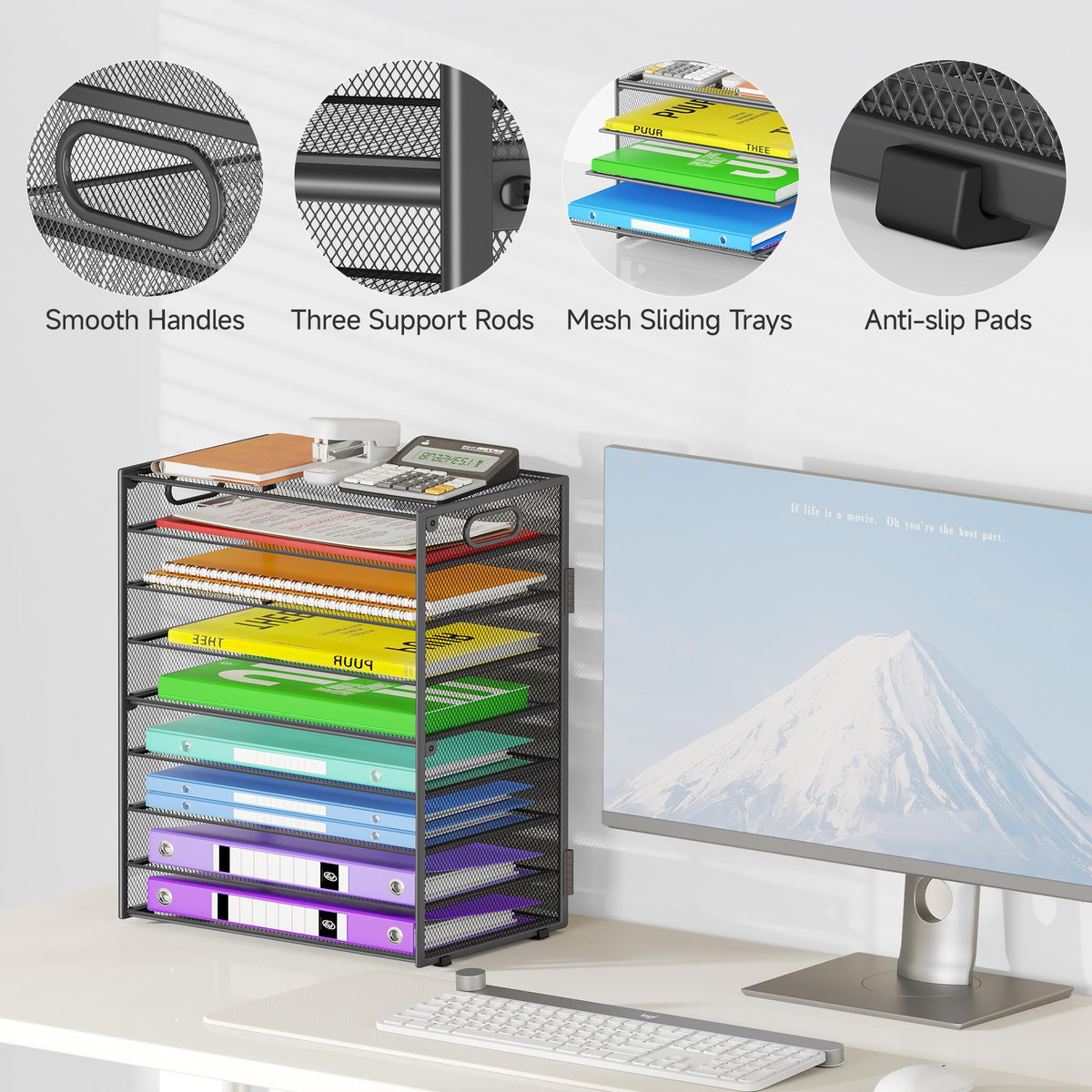 Cawukege 9 Tier Paper Organizer with Handle, Large Capacity Desk Organizer Mesh File Folder Letter