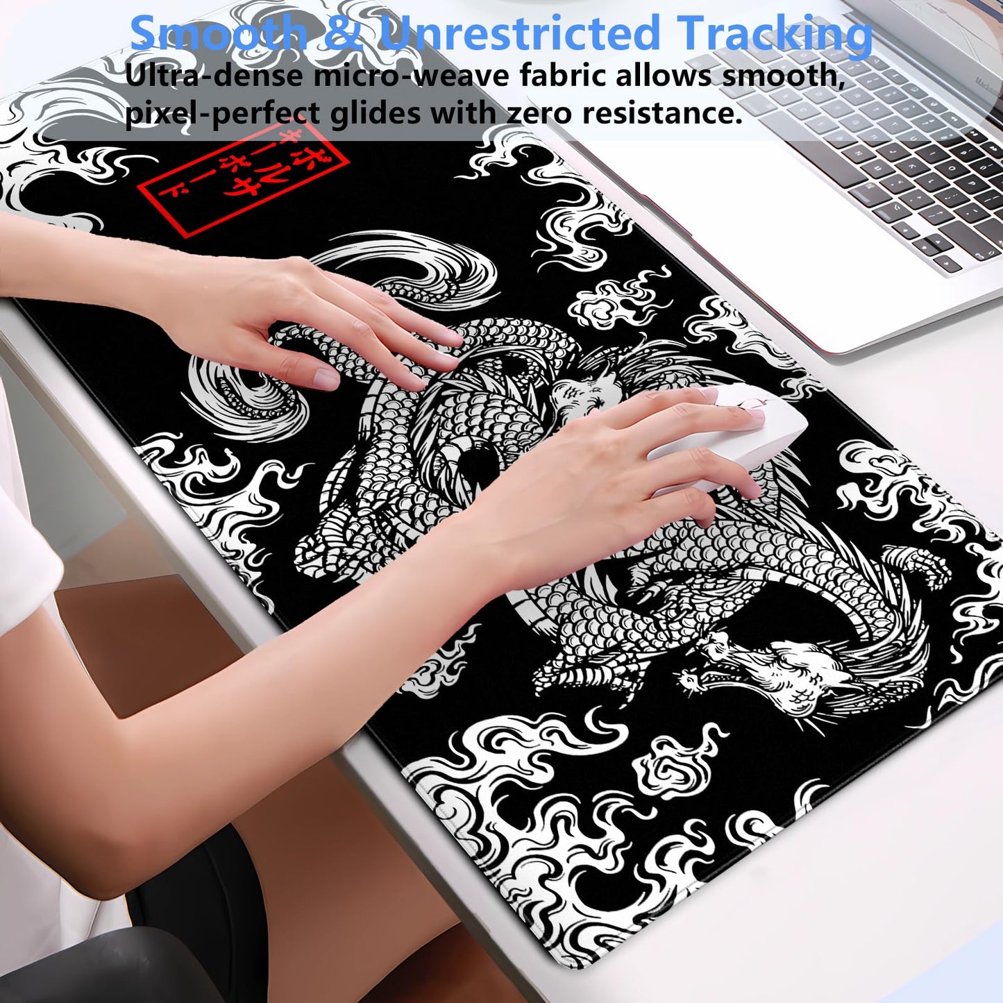 Cindasun Japanese Black White Dragon Desk Mat, XL Large Gaming Mouse Pad