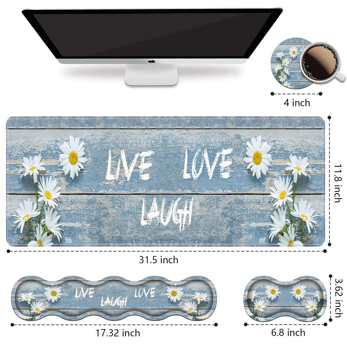 Ergonomic Keyboard Wrist Rest and Mouse Pad Wrist Rest Set,Dreamy Daisy Vintage Wood Board Live
