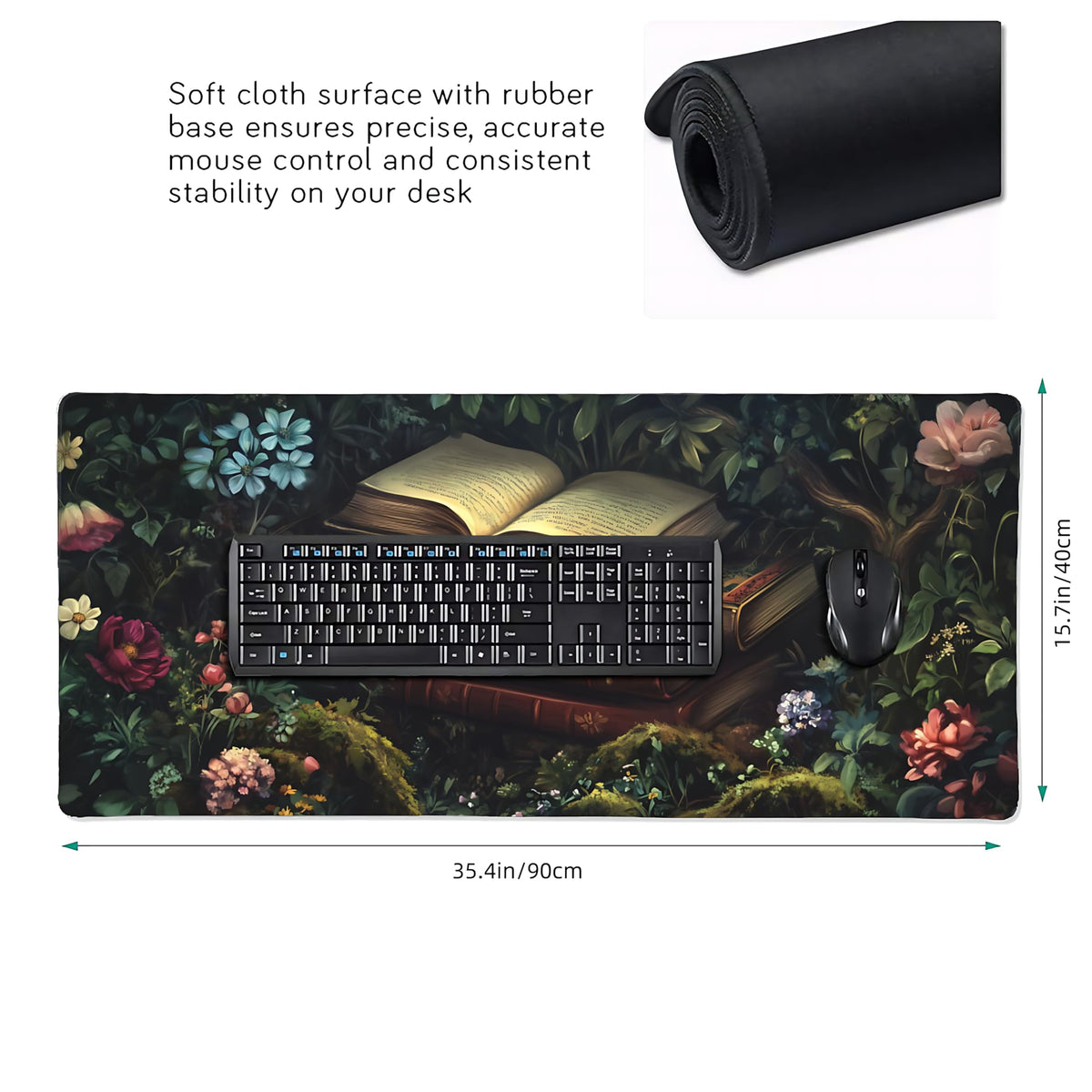 Floral Aesthetic Book Gaming Mouse Pad, Forest Green Moody Forest Desk Mat with Anti-Slip Base &