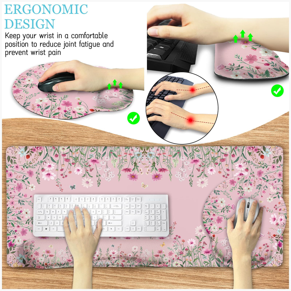 LIMKRIAN Floral Desk Mat Set, Cute Pink Desk Accessories Gifts for Women