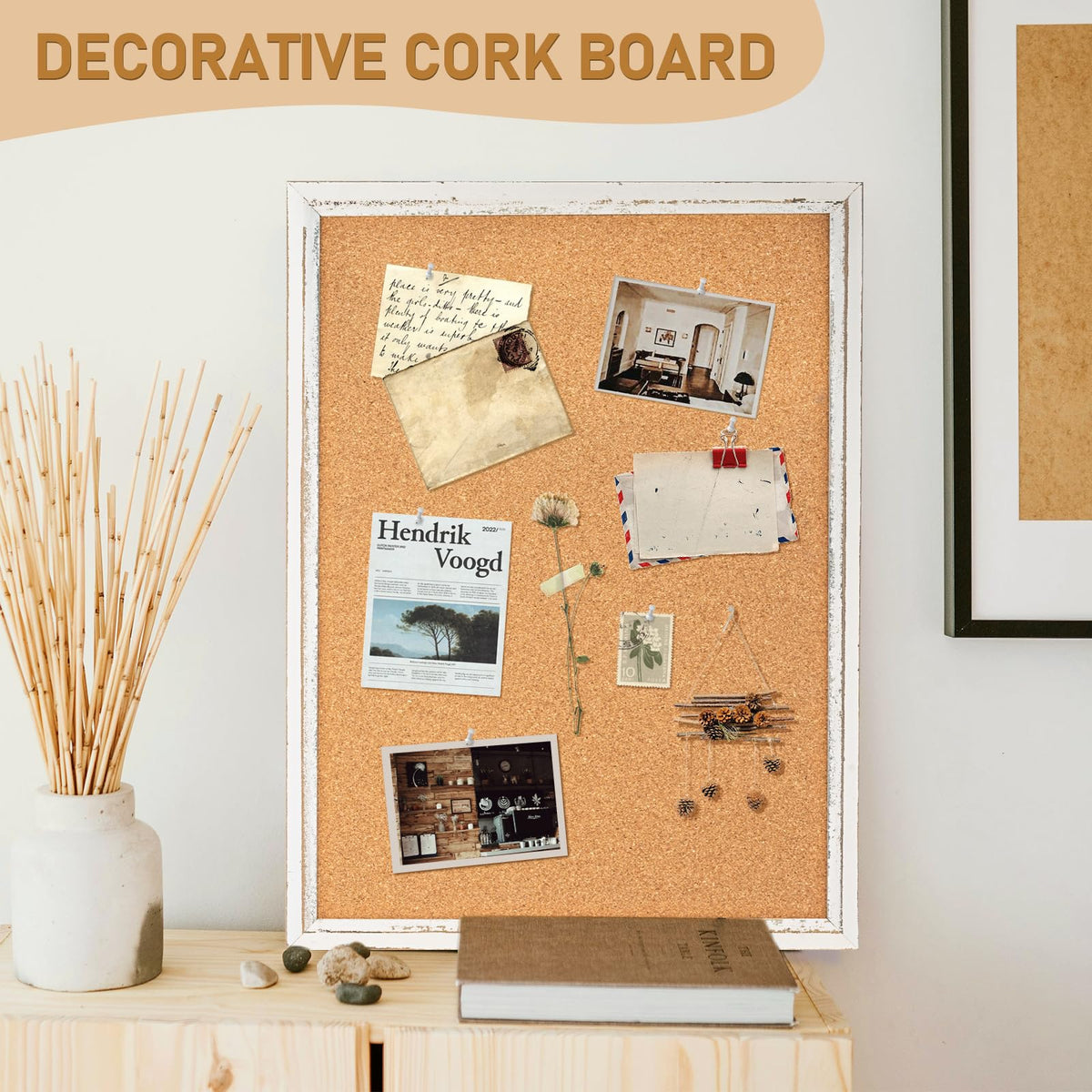 DOLLAR BOSS White Cork Board, 24" X 18" Rustic Framed Bulletin Board