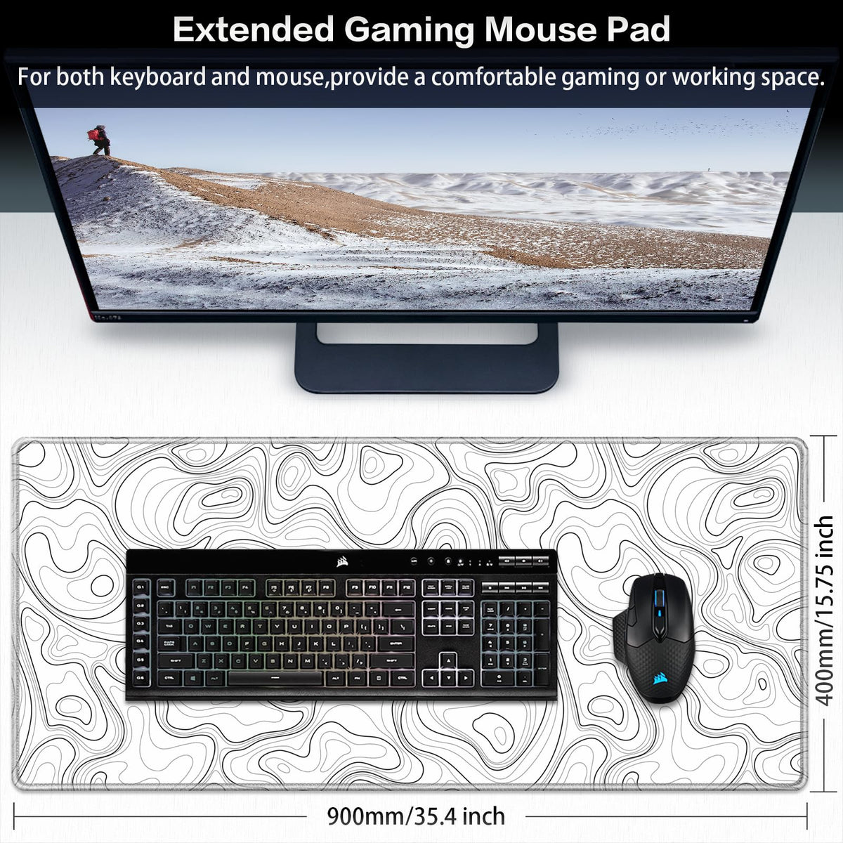 Canjoy Gaming Mouse Pad, 35.4x15.7in Topographic Large Mouse Pads for Desk