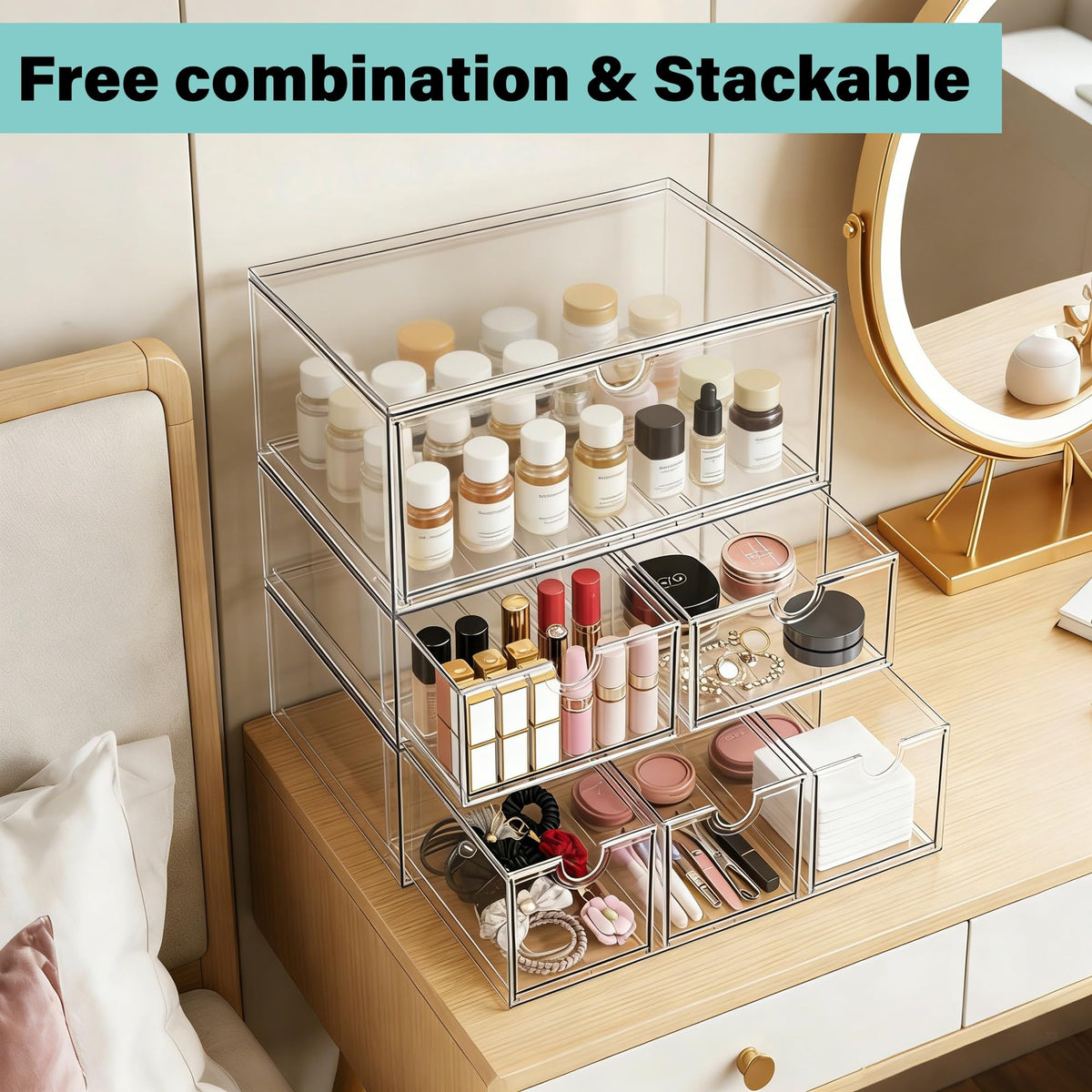 Prsildan Stackable Clear Makeup Organizer Acrylic Storage Drawers with 2 Drawers for Vanity