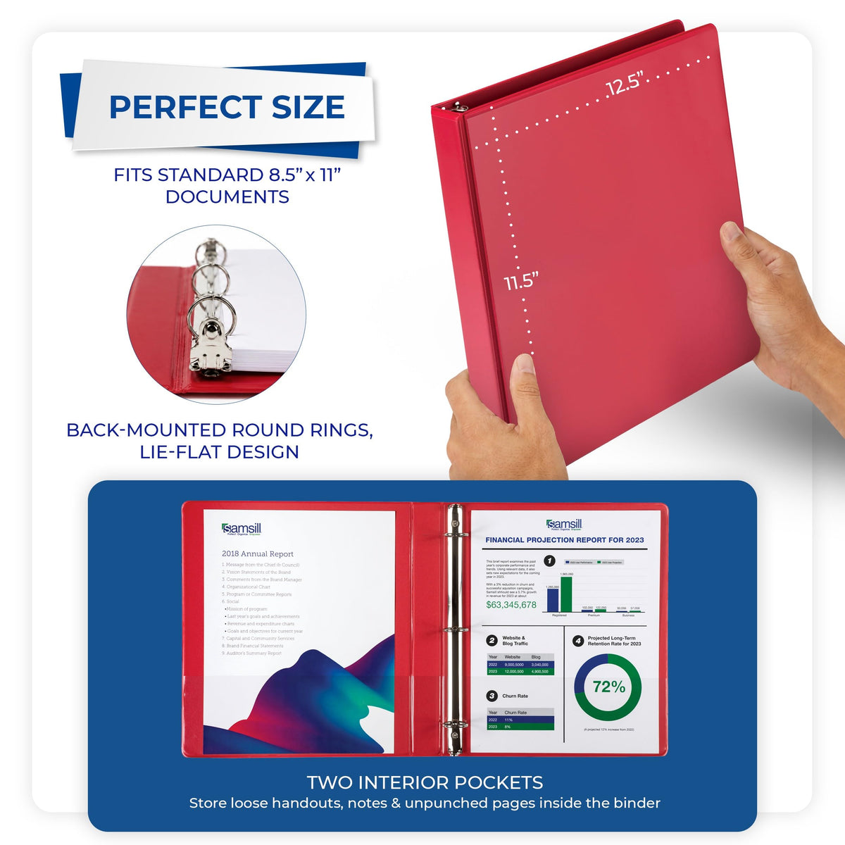 Samsill 1 Inch 3 Ring Binders, Economy Round Ring, Clear View Cover, 200 Sheet Capacity - for