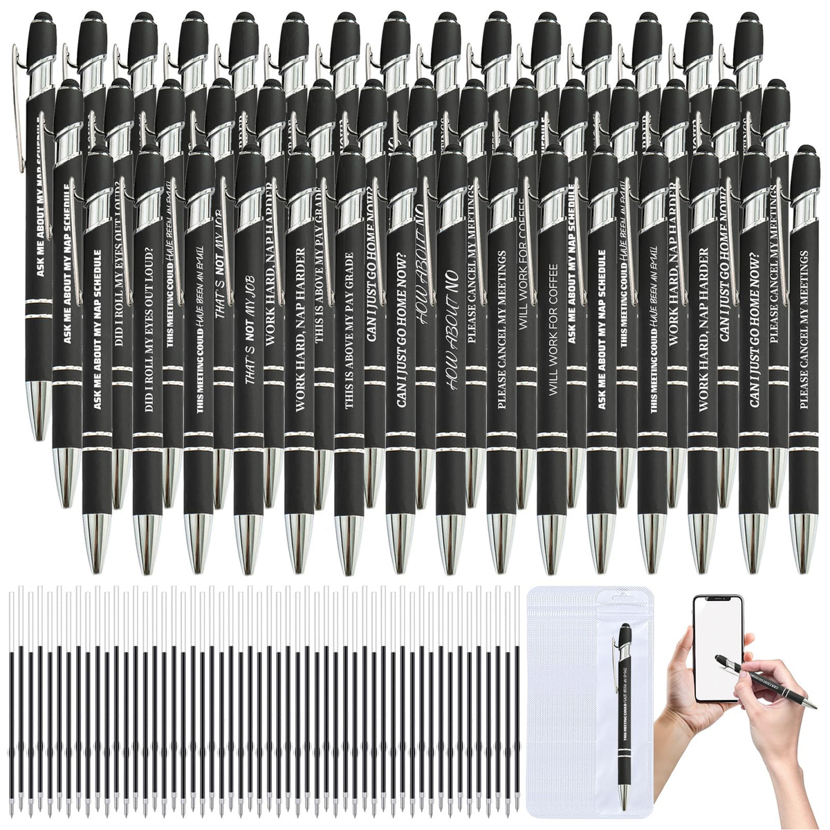 300 Pcs Funny Sarcastic Pens - 100 Set Ballpoint Pens with Refills & Bags,Fun Pen with Snarky