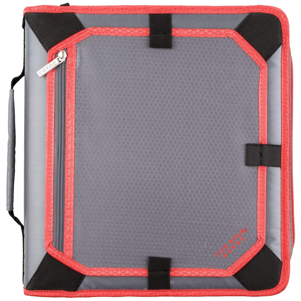 Five Star 2 Inch Zipper Binder, 3 Ring Binder, Expansion Panel, Durable, Gray/Bright Coral