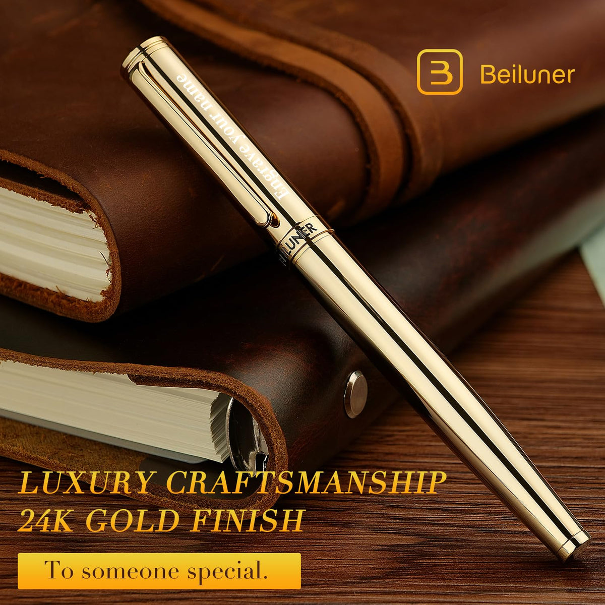 BEILUNER Gold Personalized Fountain Pen,Stunning Luxury Surface,24K Gilded Nib(Fine),Gorgeous 24K