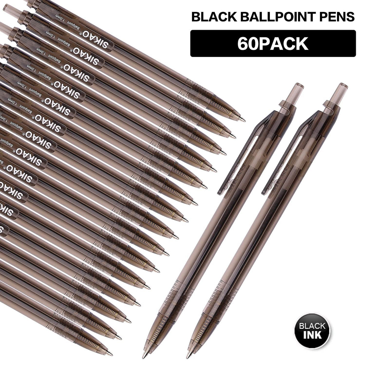 Sikao Black Pens Bulk 60 Pack –Smooth Writing 1.0mm Click Black Ballpoint Pens with Translucent