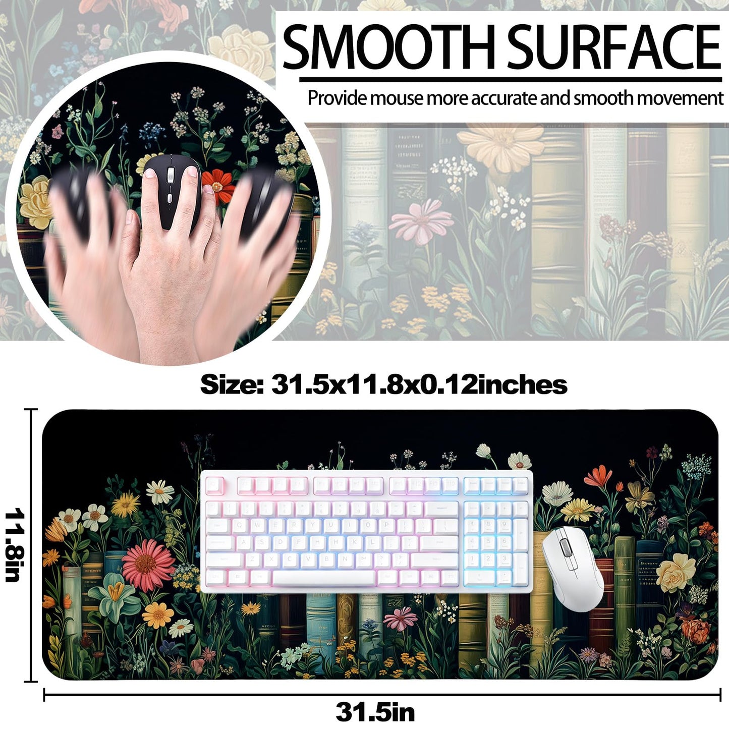 JIANG100 Fantasy Pretty Wildflower Book Gaming Desk Mat, Extended Mouse Pad