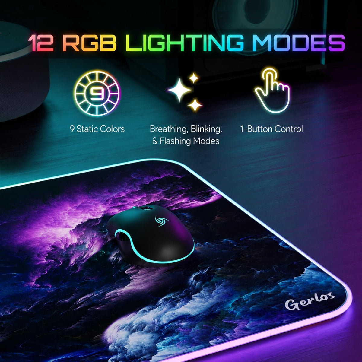 Gerlos RGB Gaming Mouse Pad, Large LED Desk Mat for Gamer, 31.5" x 11.8"