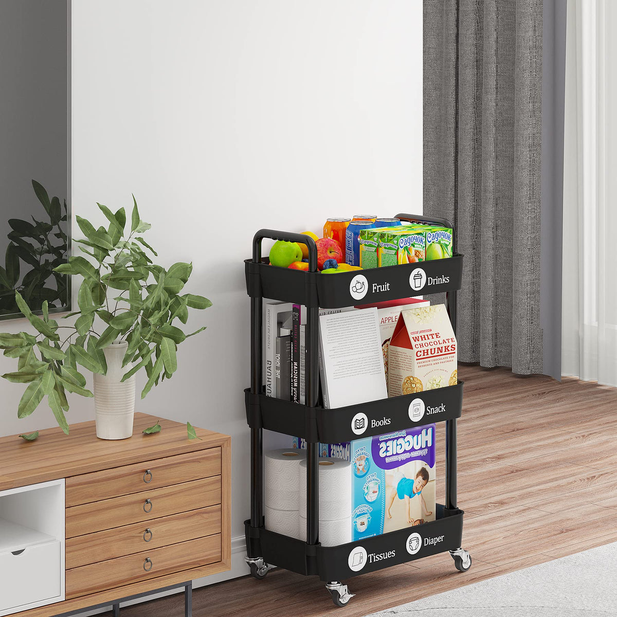 3 Tier Rolling Cart with Wheels, Utility Storage Carts,Black