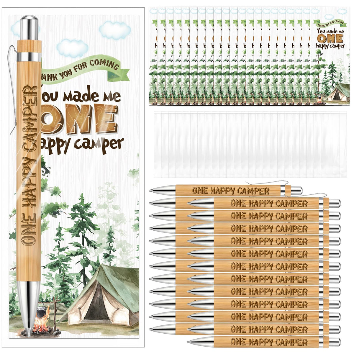 Spakon 24 Sets One Happy Camper Favors Pens Bamboo Pens with Bookmarks