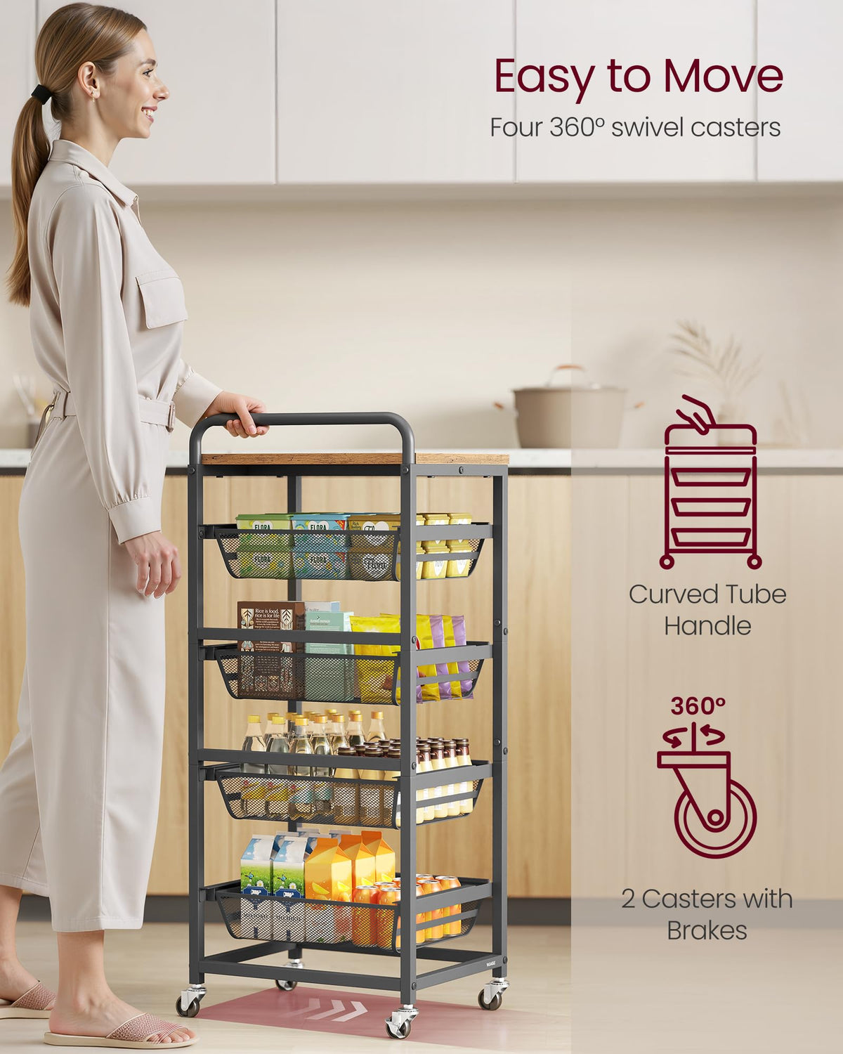 VASAGLE 5-Tier Storage Rolling Cart Organizer with Pull-Out Baskets