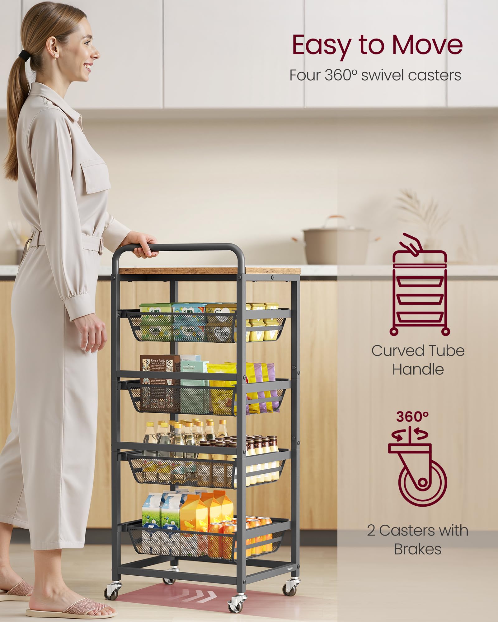 VASAGLE 5-Tier Storage Rolling Cart Organizer with Pull-Out Baskets