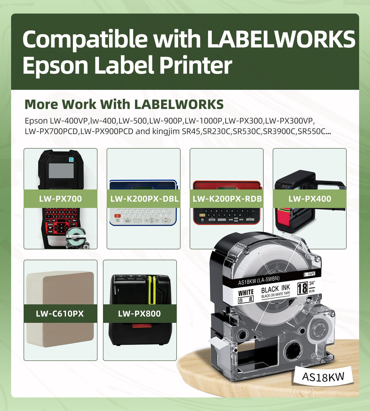 Compatible for Epson LABELWORKS LK-5WBN LC-5WBN9 LK-5WBW Black on White