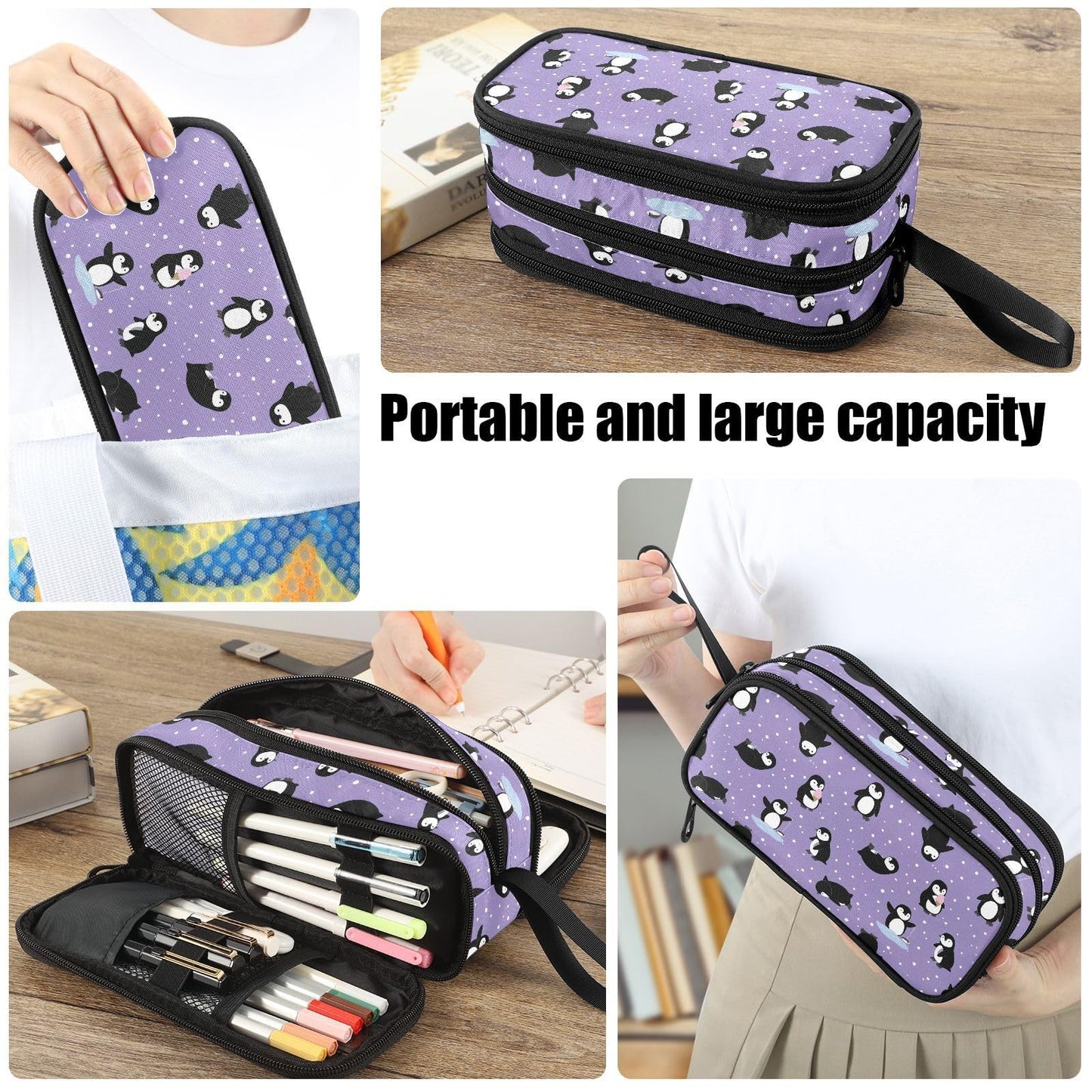 Fustylead Penguins Large Pencil Bag Storage Pen Case Makeup Pouch Stationery Bag for School College
