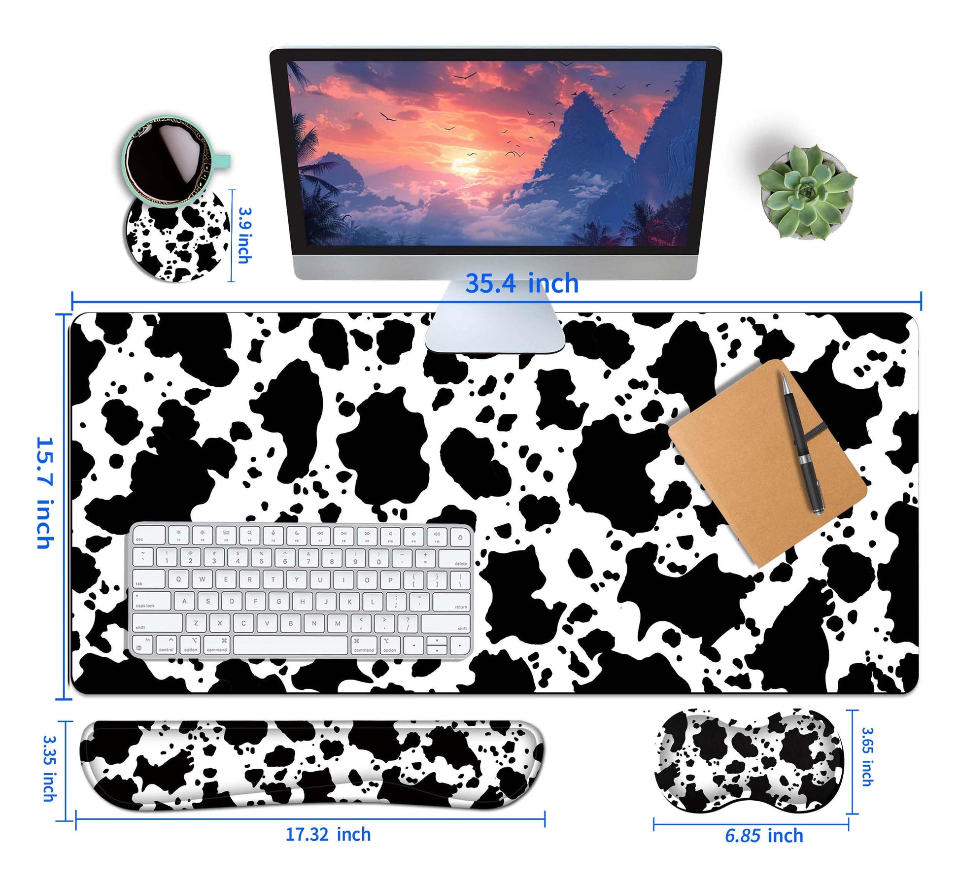 HaoSiTeck 4-Piece Extended Large Mouse Pad Set for Women Men with Cow Print Design Includes 35.4 x