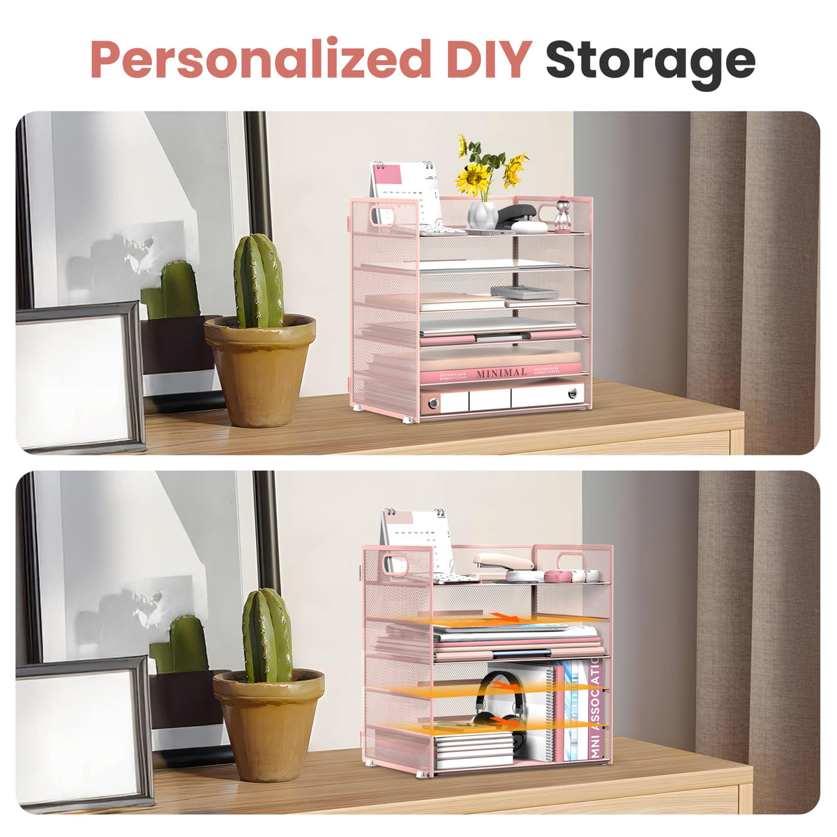 Daltack 6-Tier Paper Organizer for Desk with Handle, Pink