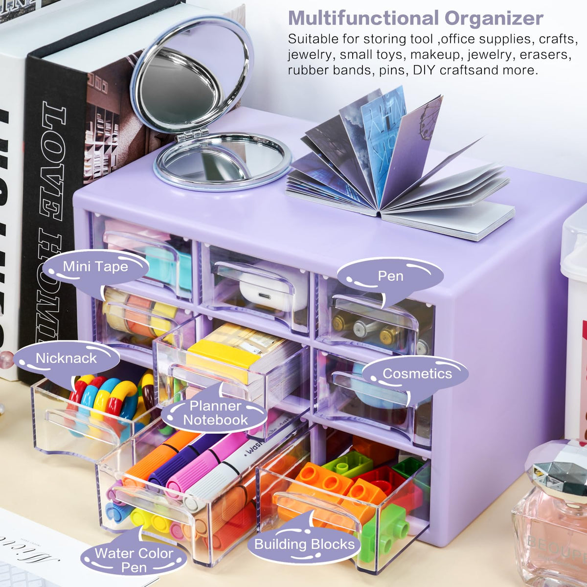 MYKASEN Desk Storage Organizer with 9 Drawers, Clear Plastic Storage Cabinet, Stackable Desk