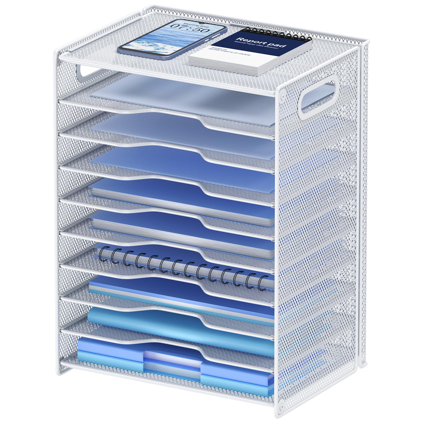 OUTWOLF 10 Tier Paper Organizer - Letter Tray Mesh Desk File Organizer with Handles for Office