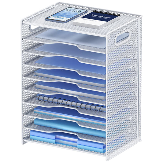 OUTWOLF 10 Tier Paper Organizer - Letter Tray Mesh Desk File Organizer with Handles for Office