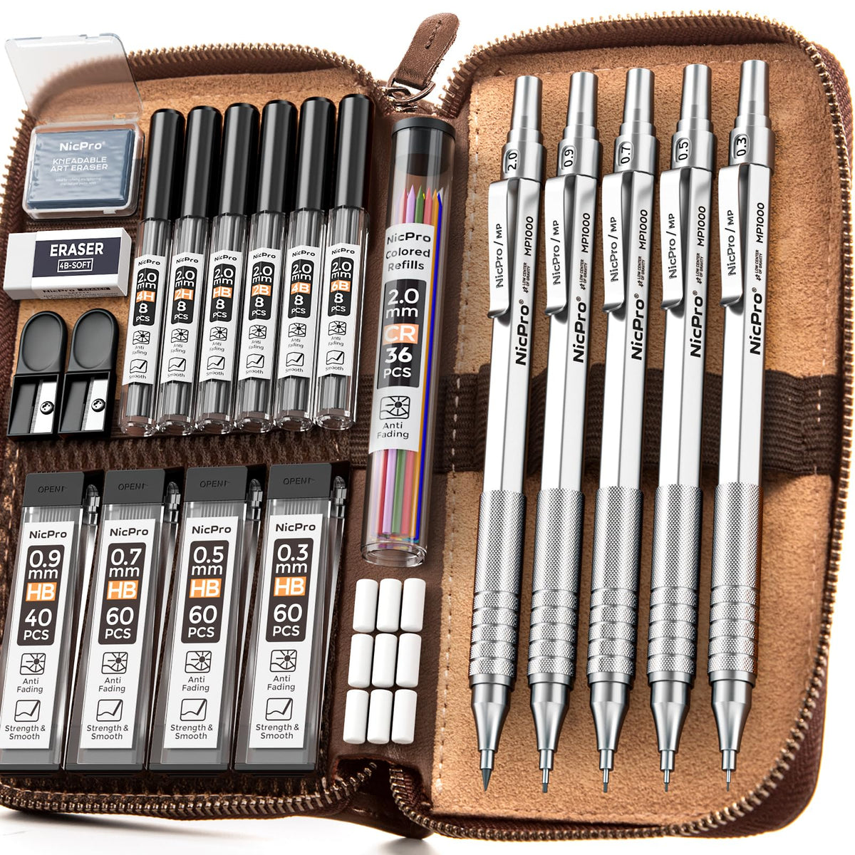 Nicpro 20PCS Metal Mechanical Pencil Set in Leather Case