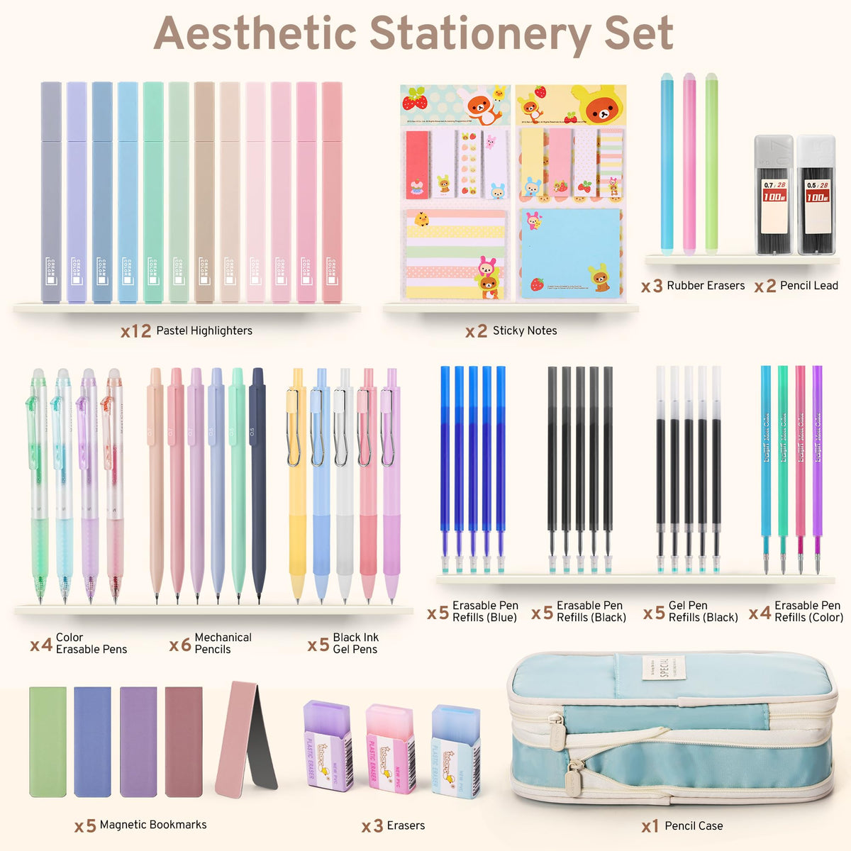 DazSpirit 62PCS Aesthetic Stationery Set with Foldable Pencil Case, Blue