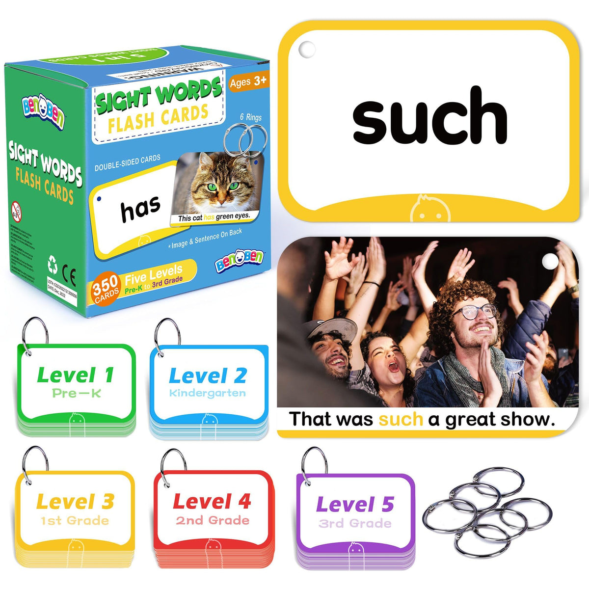 BenBen Sight Words Flash Cards, for Pre-K, Kindergarten, 1st 2nd 3rd Grade