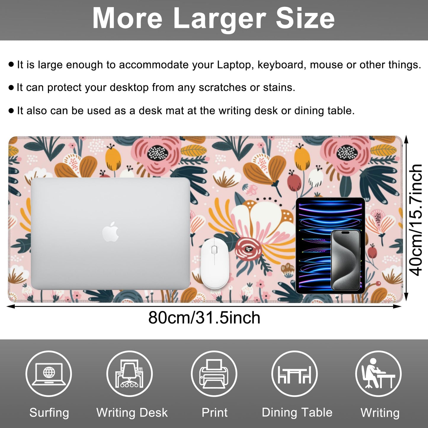 Mouse Pad, Large Colorful Flowers and Berries Desk Mat, Extended Non-Slip Gaming Keyboard Mousepad