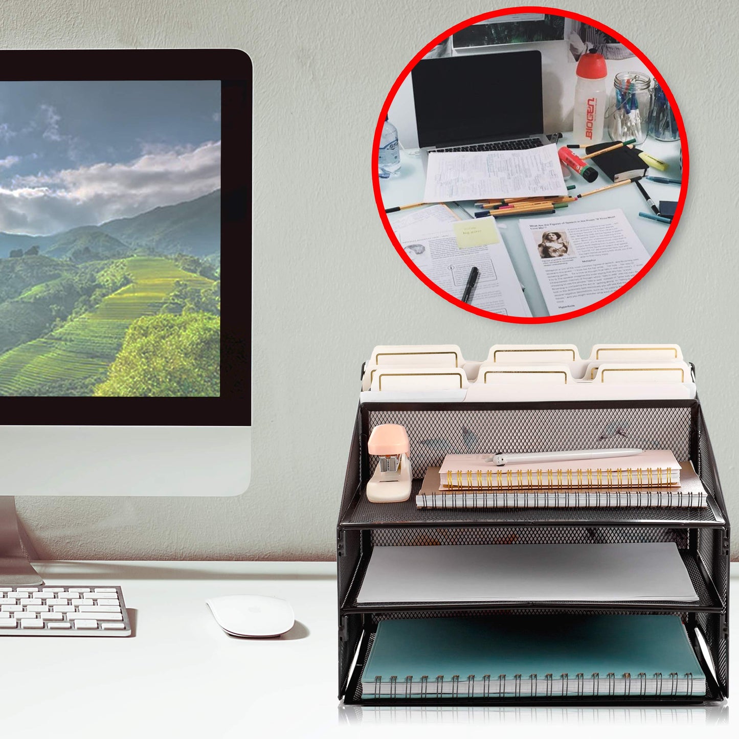Metal Office Desk Organizer 3-Tier, Mesh Desktop Document and A4 File Holder with 3 Flat Trays and