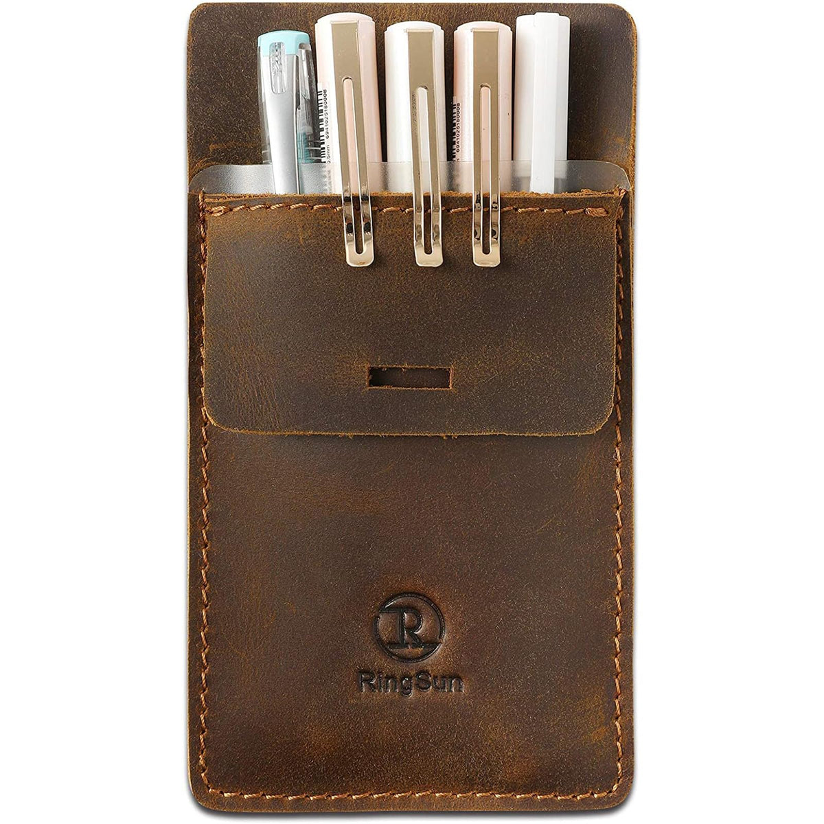 Ringsun Men's Pocket Protector - Full Grain Leather - Heavy Duty Pen Holder for Shirts, Lab Coats