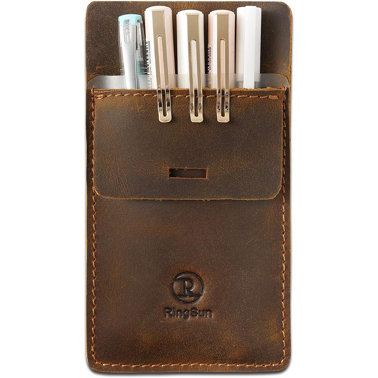 Ringsun Men's Pocket Protector - Full Grain Leather - Heavy Duty Pen Holder for Shirts, Lab Coats