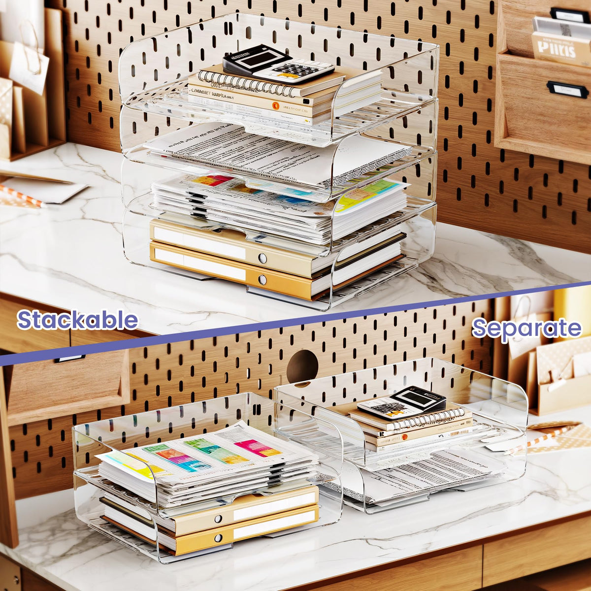 Tomorotec 4 Pack Clear Stackable Letter Tray, A4 Desk File Organizer Set