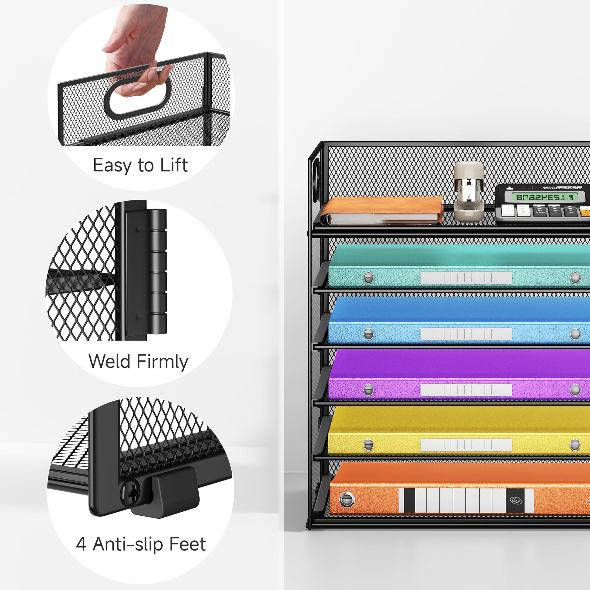 6 Tray Paper Organizer Letter Tray with Handle - Mesh Desk File Organizer, Paper Sorter Organizer