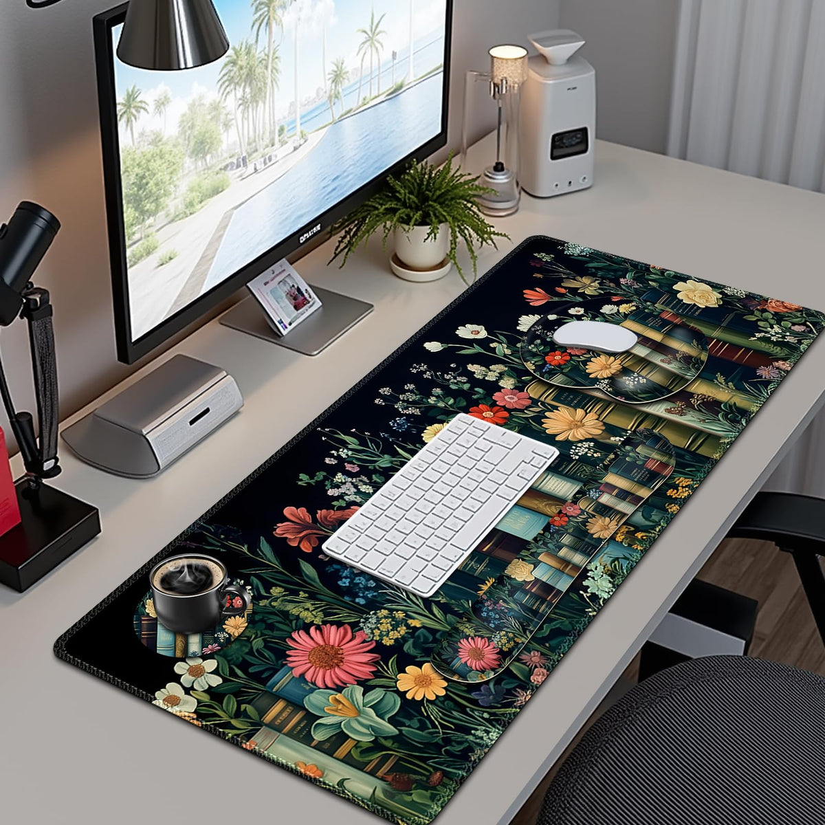 Wildflowers Mouse Pad, Large Desk Mat Extended Nature Botanical Aesthetic Deskpad, 4 PCS Non-Slip
