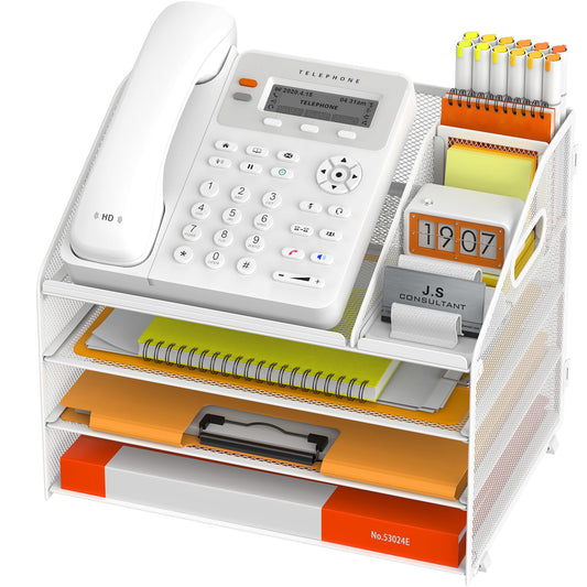 DocNest 4 Tier Metal Mesh Desk File Organizer with Phone Shelf, White