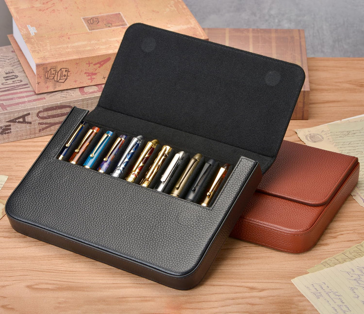Lanxivi 12 Fountain Pen Case Genuine Black Leather Organizer, Portable Pen Bag Pouch Drawer Style