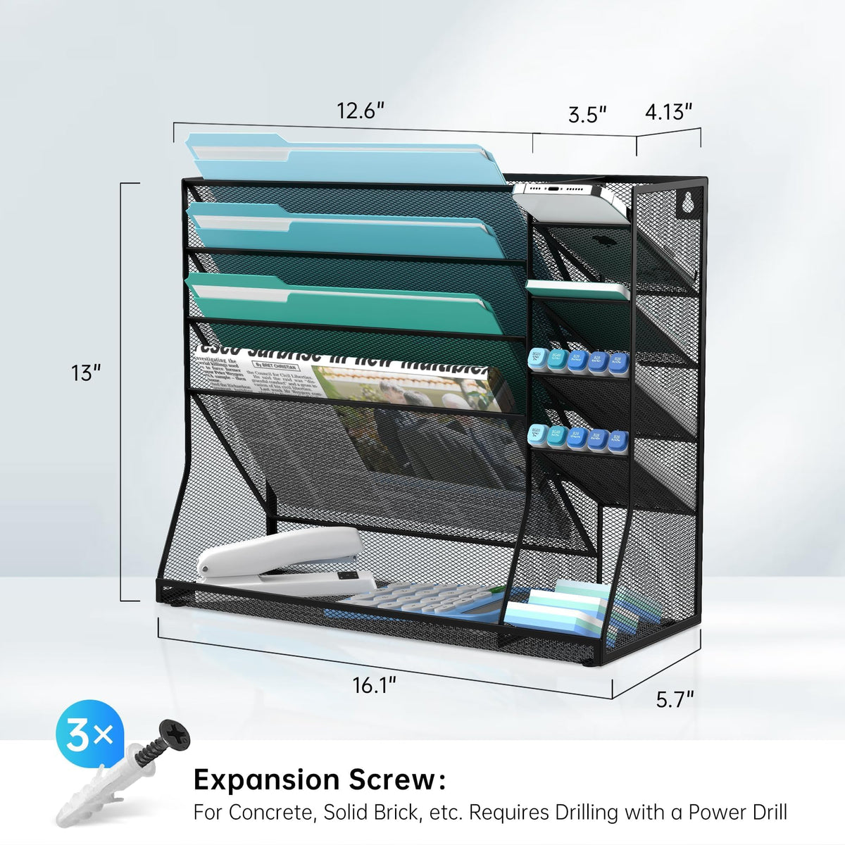 5-Tier Wall File Organizer and Wall File Holder with Bottom Tray, Black