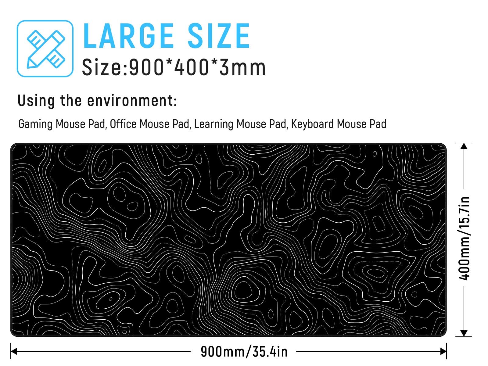 JIALONG Black Topographic Large Gaming Mouse Pad, XXL Mousepad, Big Mouse Mat Desk Pad for Keyboard