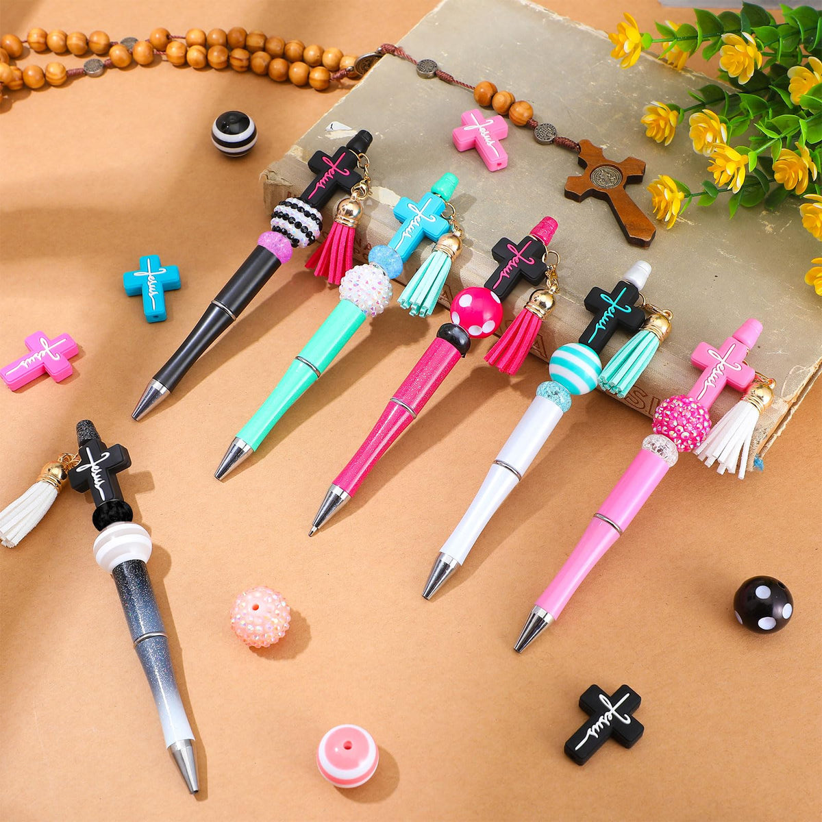 Unittype 12 Pcs Jesus Beadable Pens Kit with Beads Tassels