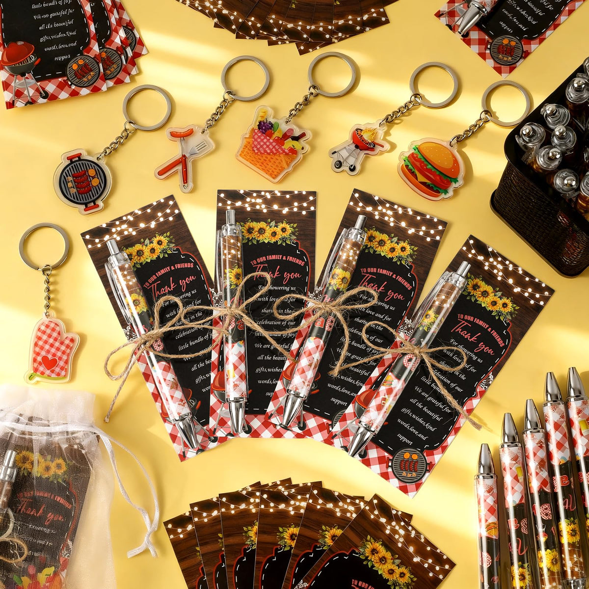 EYNDYN 145 Pieces BBQ Baby Shower Gifts for Guest It's a Baby Q Ballpoint Pens and Keychains Favors
