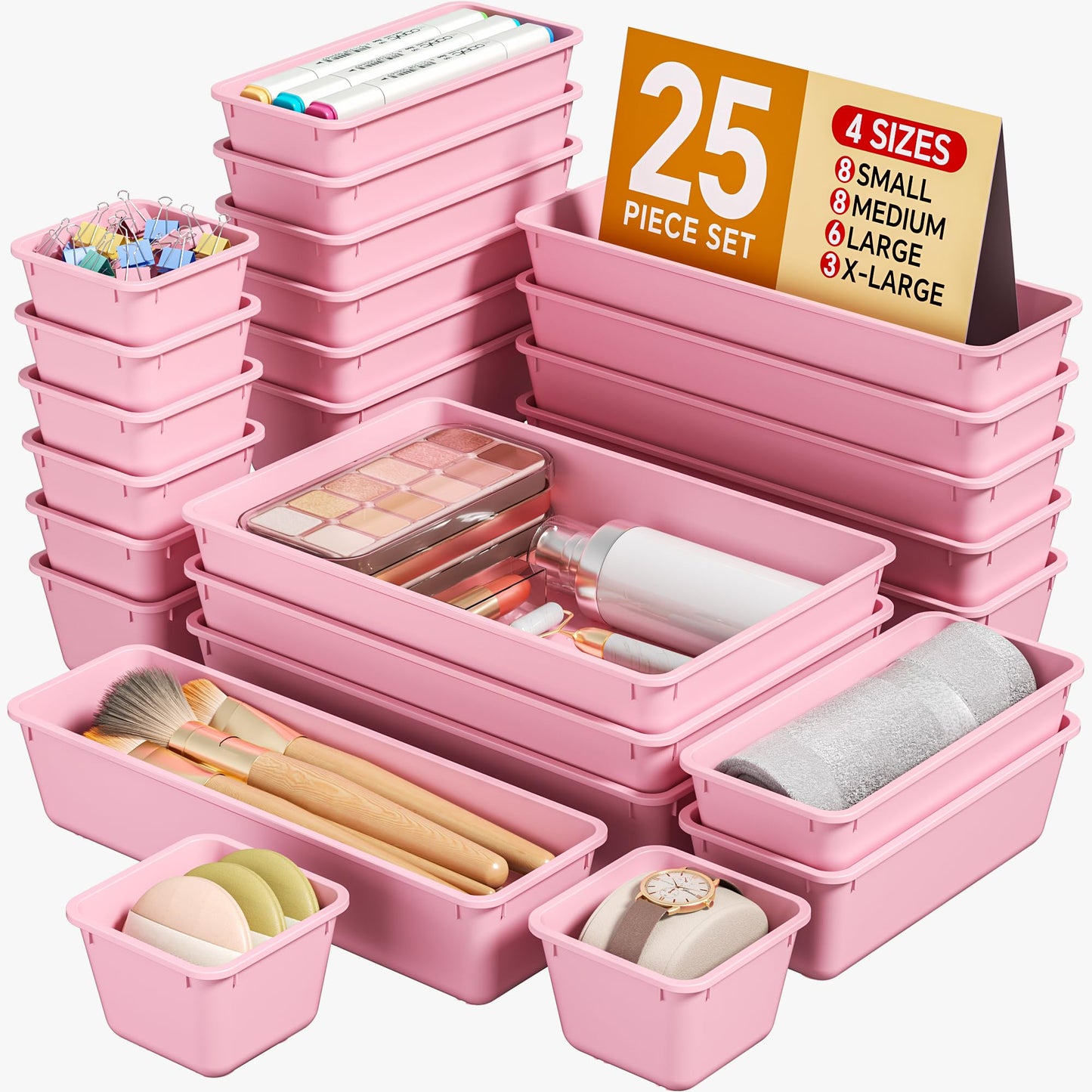 KEMETHY 25 PCS Plastic Drawer Organizers Set, 4 Sizes Vanity Organizer