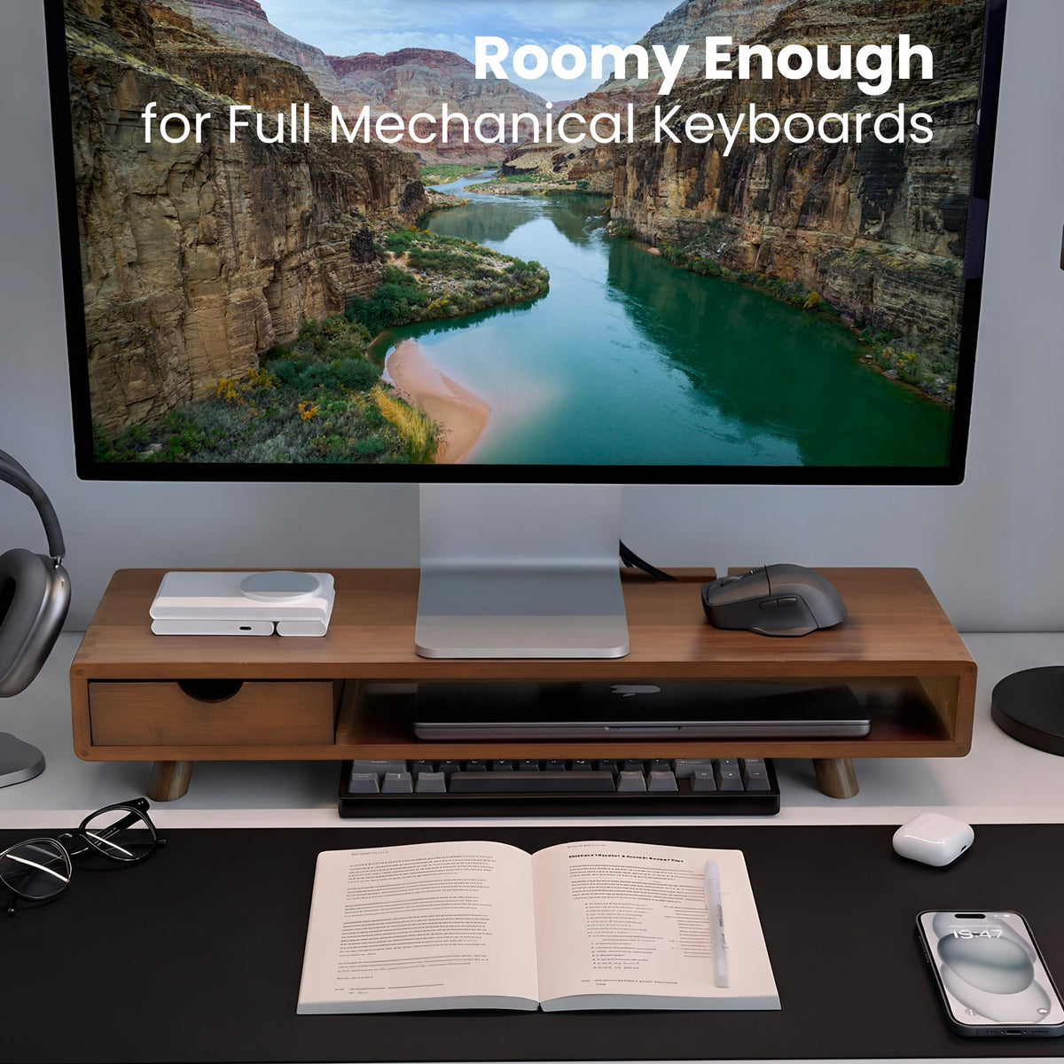ROCDEER Bamboo Monitor Stand Riser with Drawer