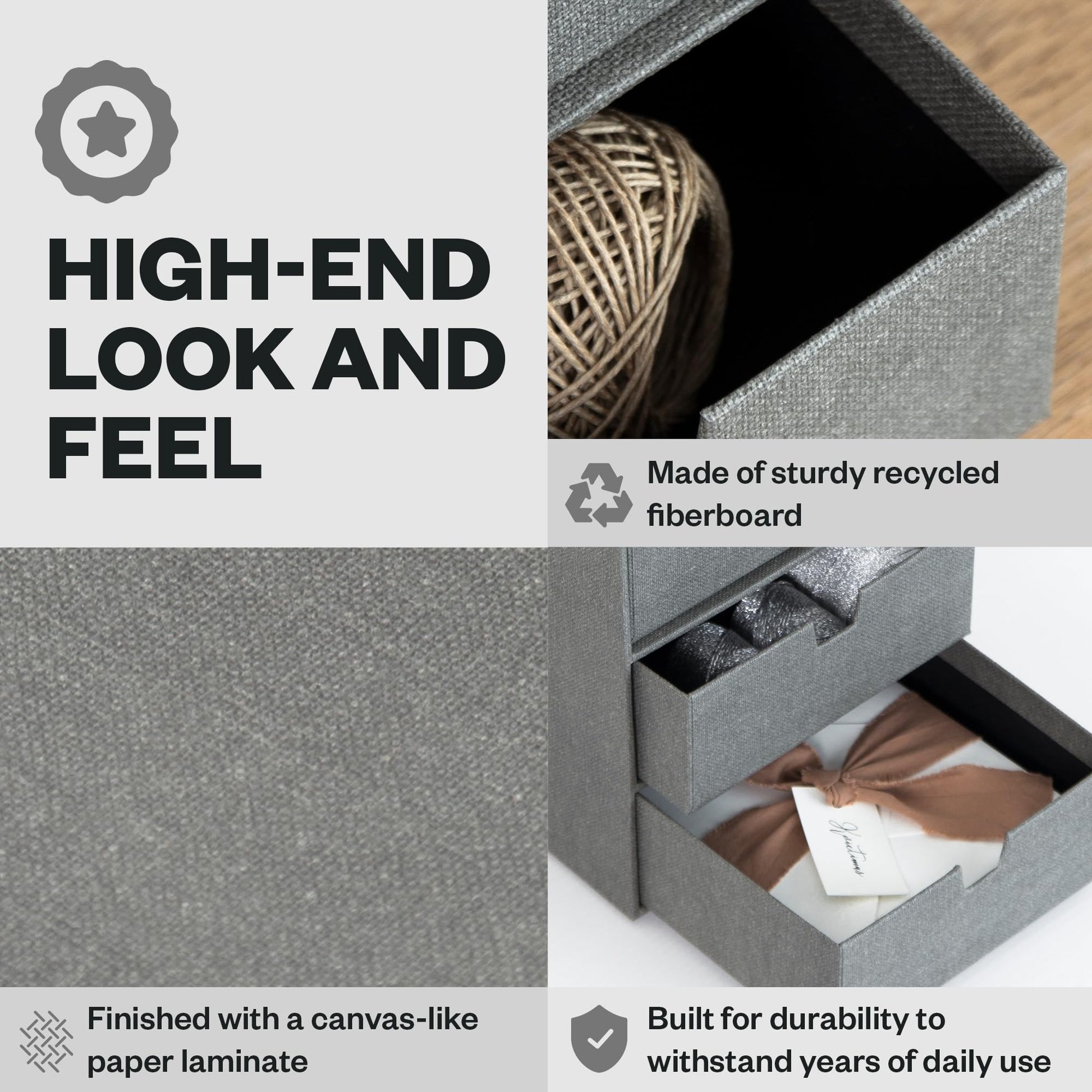 Bigso Box of Sweden Ingrid 3-Drawer Canvas Fiberboard Desk Organizer for Office Supplies and