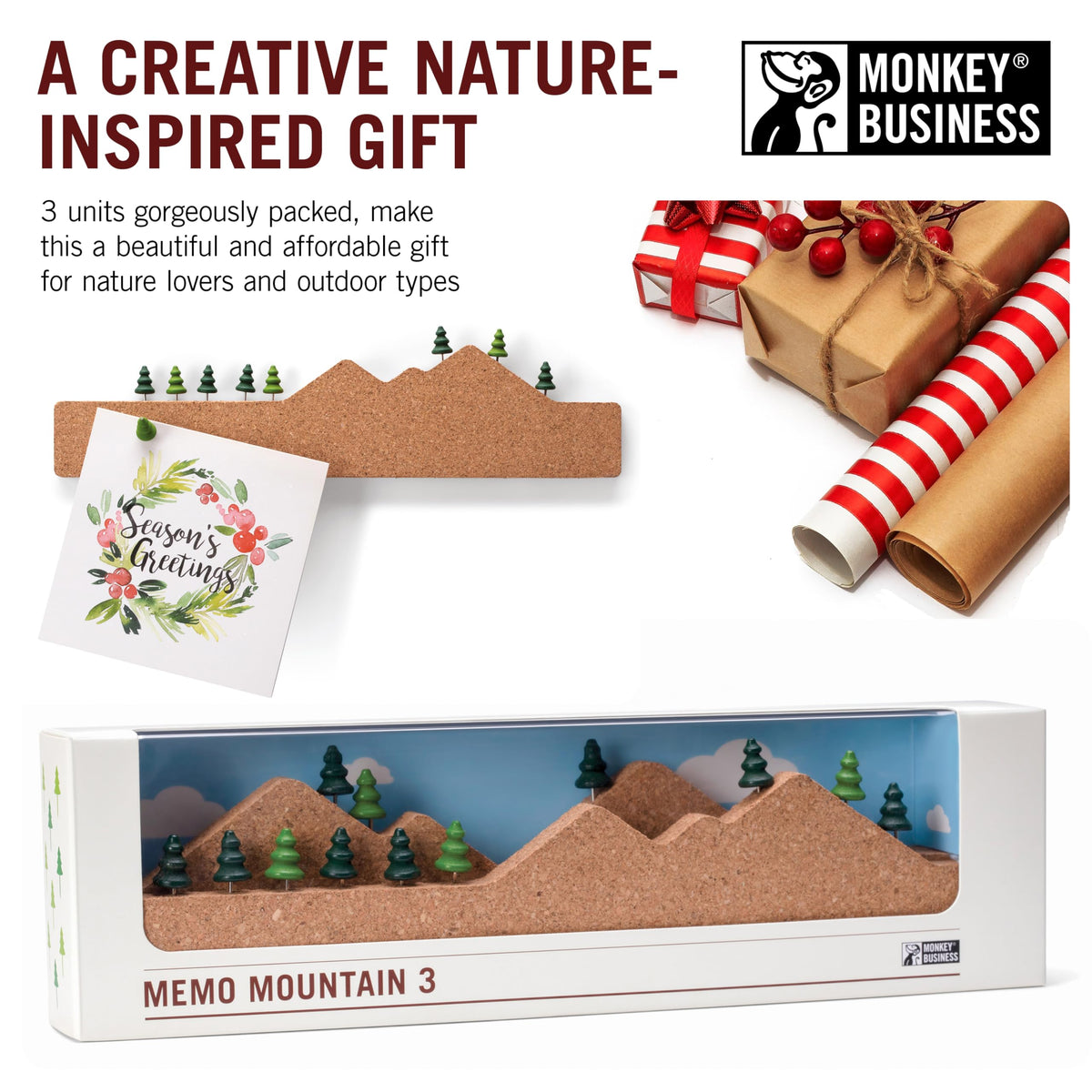 Monkey Business Memo Mountain 3 Cork Board Strips - Corkboard Pin Boards with Mountain Scene
