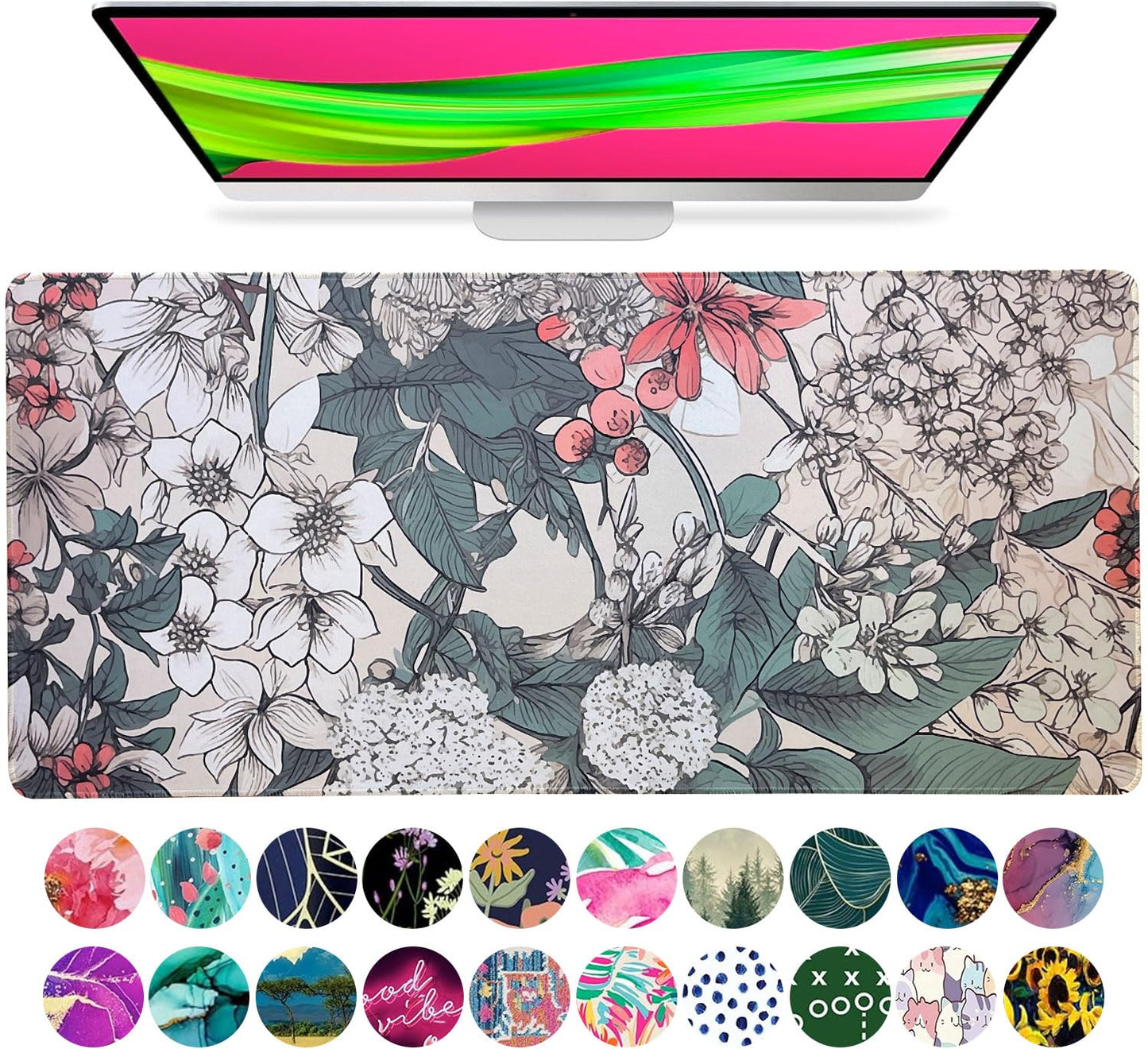 French KOKO Large Desk Mat 36" x 16.5" – Botanical Floral Mouse Pad for Keyboard & Mouse – Non-Slip