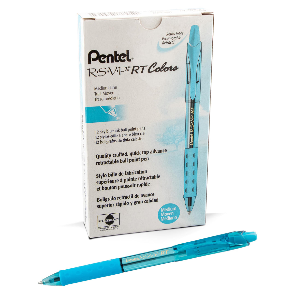 Pentel RSVP RT Colors Retractable Ballpoint Pen, (1.0mm) Medium Line, Barrel, Sky Blue Ink, Box of