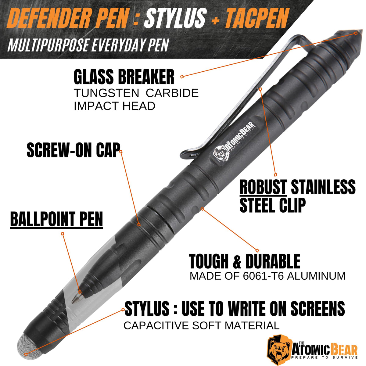 The Atomic Bear Defender Pen with Stylus - Tactical Pen for Self Defense – Emergency Window Breaker